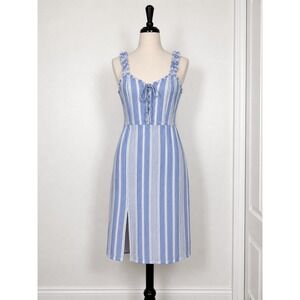 Apercu Blue White Striped Linen Blend Smocked Midi Dress Ruffle Straps Medium
